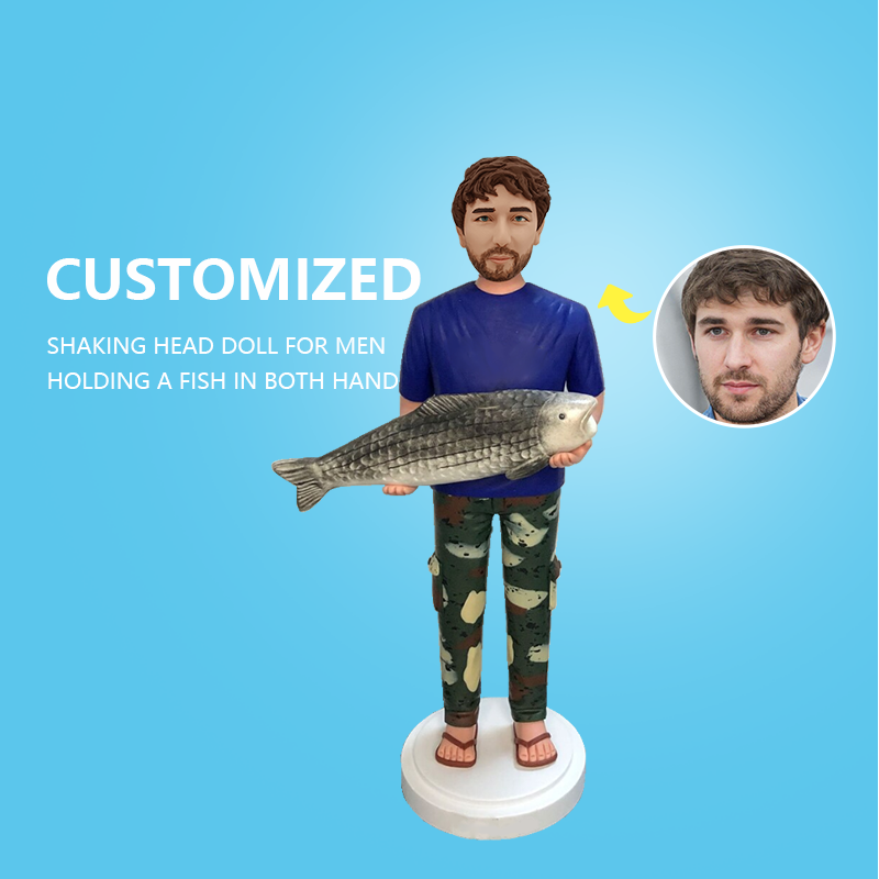 Customized Shaking Head Doll For Men Holding A Fish In Both Hands