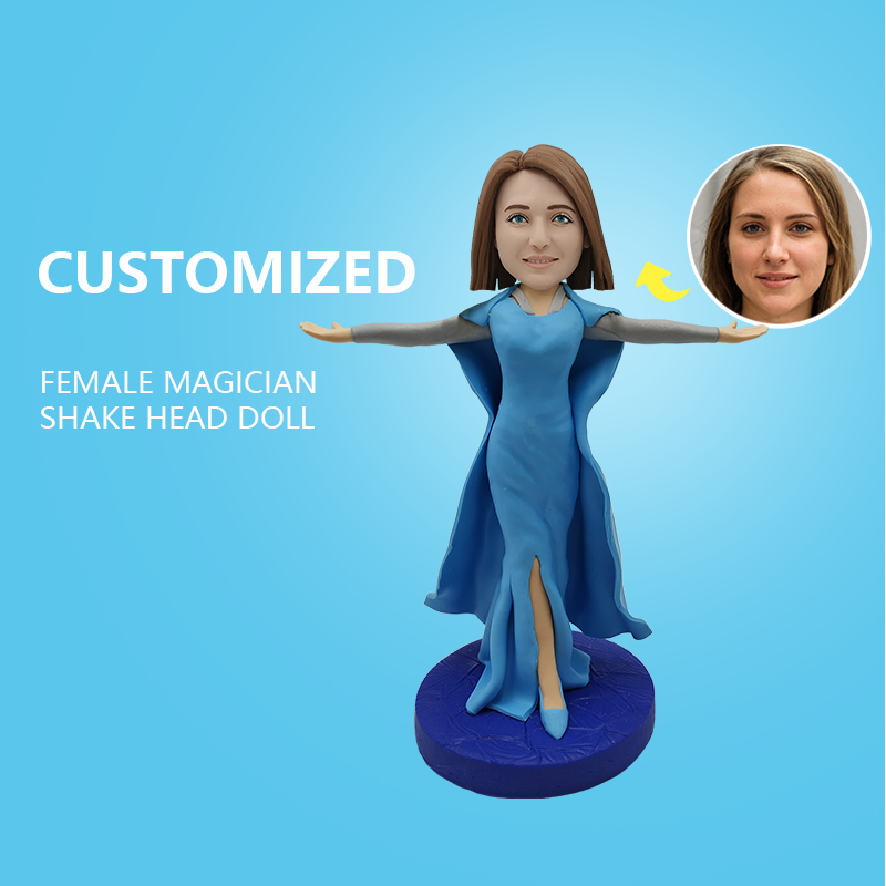 Customized Women's Blue Dress Shake Head Doll