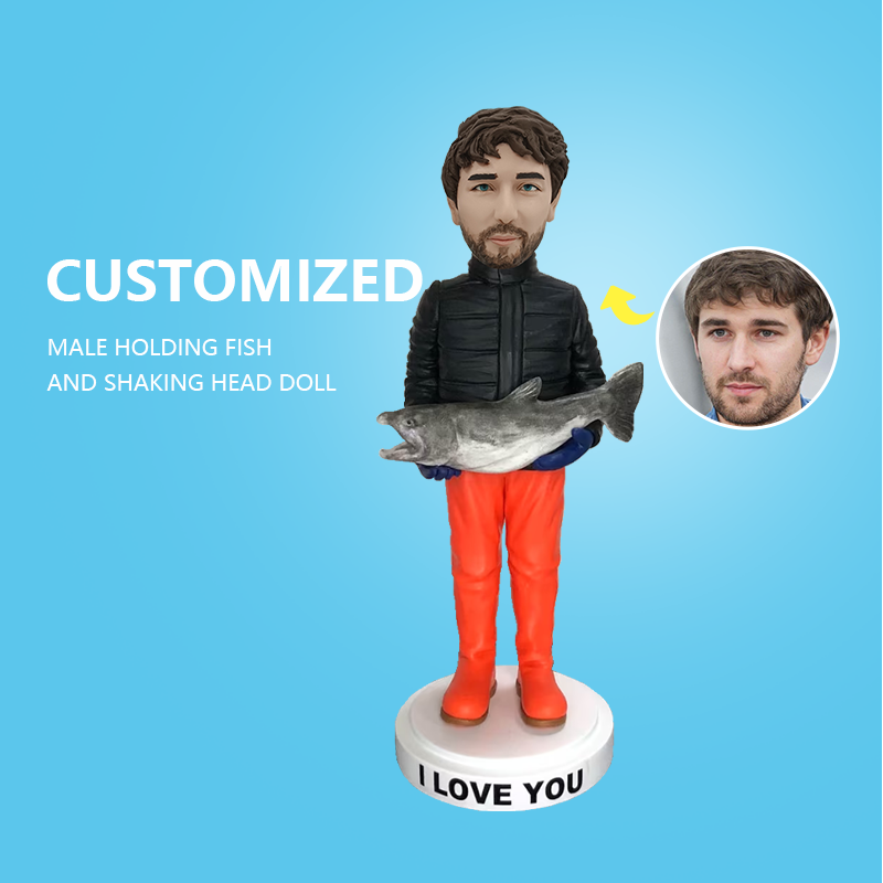 Customized Male Holding Fish And Shaking Head Doll